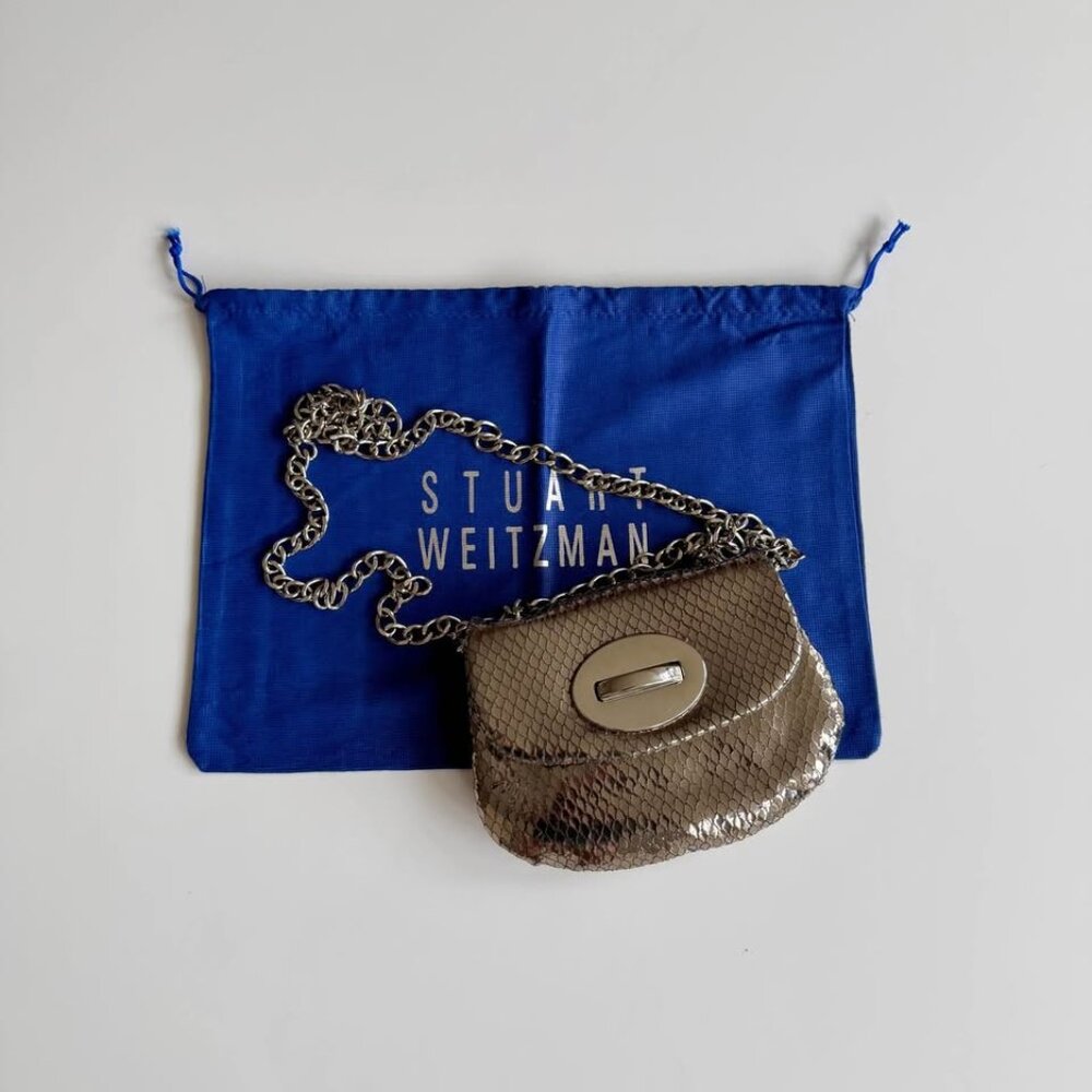 Stuart Weitzman Metallic Snakeskin Chain Bag – Silver Evening Clutch - Picture 7 of 8